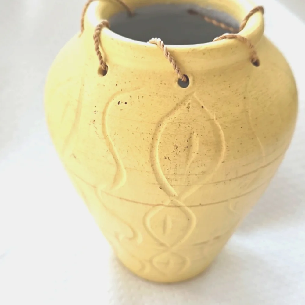 Southwestern Style Terra Cota Painted Yellow Vase With Rope Accent 6